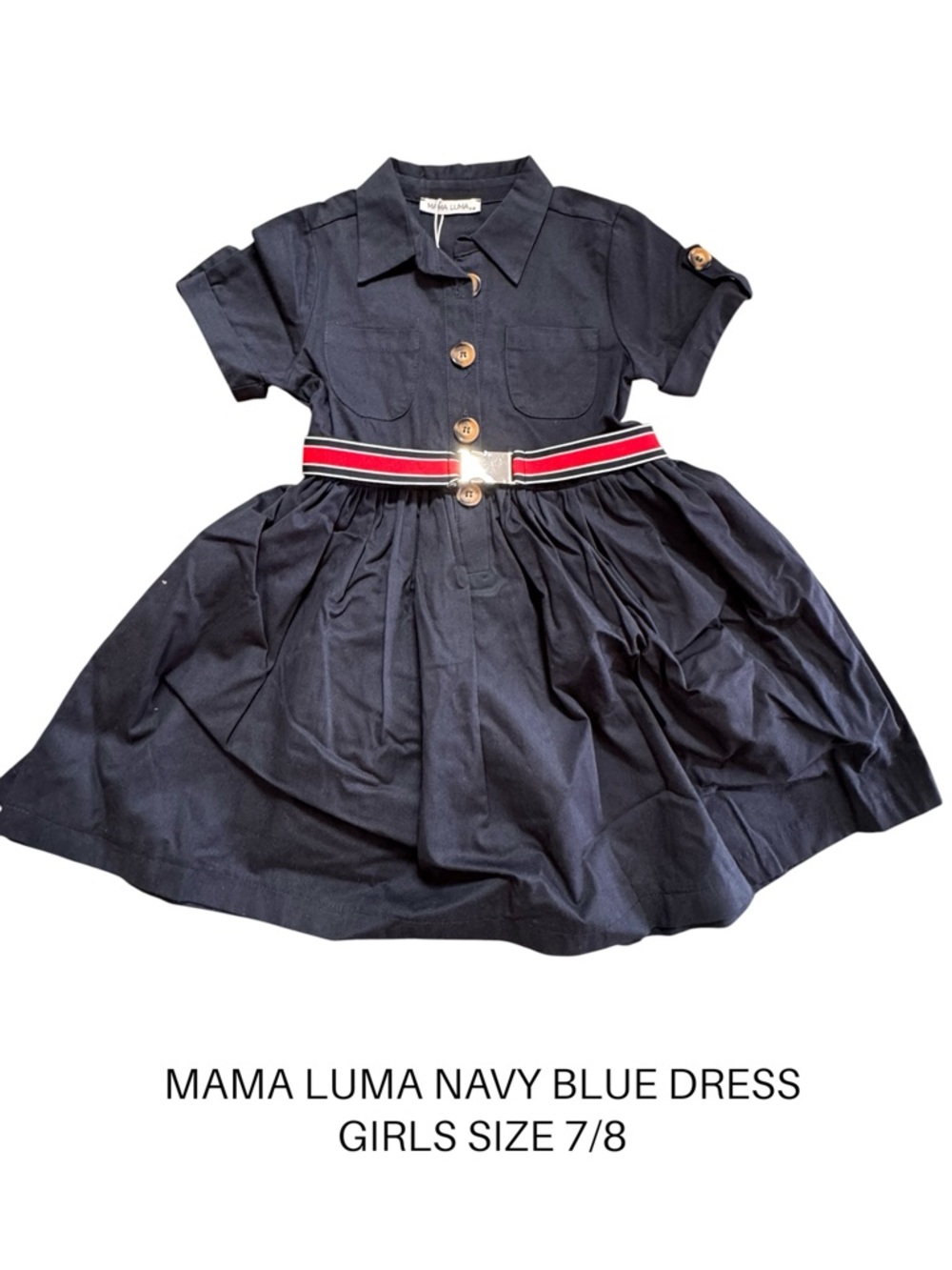 Mama Luma Girls Shirt Dress Navy Blue Belted Pleated Knee Length Size 8